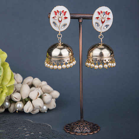 Buy Queen Be Enamel Oval Jhumkis, White & Red Lotus - Purplle