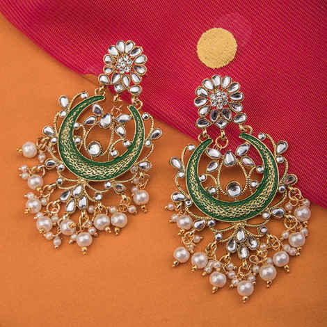 Buy Queen Be Kundan with Green Enamel Statement Chandbalis - Purplle