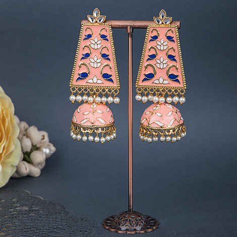 Buy Queen Be Rajasthani Long Jhumkis, Peach Pink Enamel - Purplle