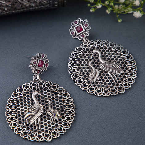 Buy Queen Be Oxidised Swan Couple Red Studded Danglers - Purplle