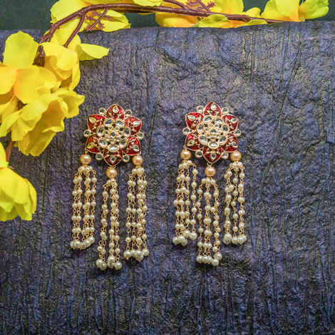 Buy Ferosh Panini Floral Maroon Stonework Pearl String Earrings - Purplle