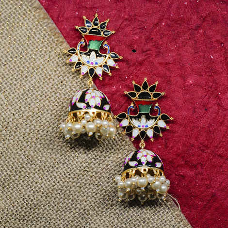 Buy Ferosh Aaruthira Golden Black Meenakari Pearl Jhumkas - Purplle