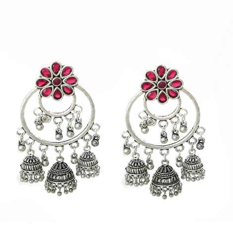 Buy Ferosh Arunakara Silver Oxidized Ruby Red Tri Jhumkis - Purplle