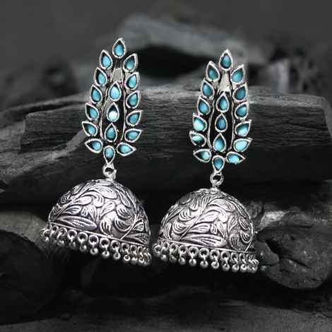 Buy Ferosh Gaura Turquoise Floral Silver Oxidized Jhumki Earrings - Purplle