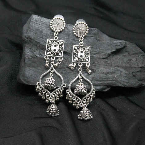 Buy Ferosh Mahika Artistic Duo-Layered Silver Oxidized Jhumkas - Purplle