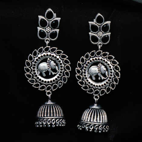 Buy Ferosh Shipra Black Stone Silver Oxidized Drop Jhumki Earrings - Purplle