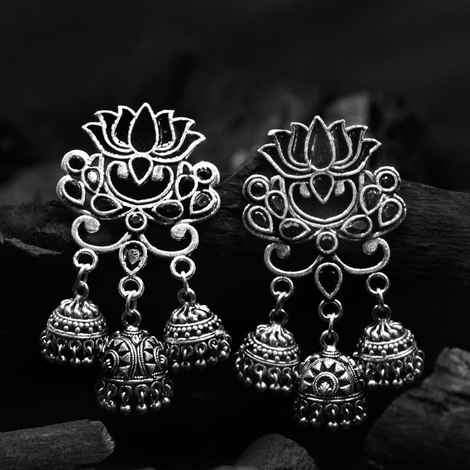 Buy Ferosh Unaisa Black Lotus Jewel Tri-Jhumka Silver Oxidized Earrings - Purplle
