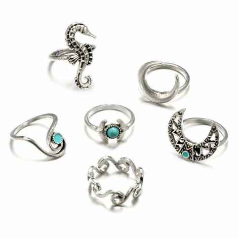 Buy Ferosh Turquoise Silver Oxidized 6 Pcs Ring Set - Purplle