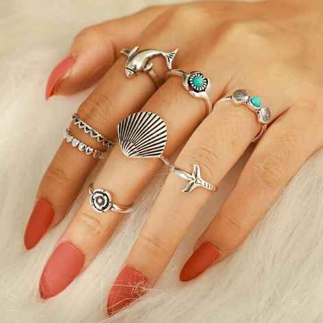 Buy Ferosh Marine Silver Oxidized 8 Pcs Ring Set - Purplle