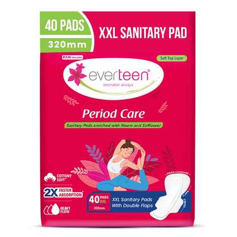 everteen Period Care XXL Soft 40 Sanitary Pads 320mm with Double Flaps enriched with Neem and Safflower - 1 Pack (40 Pads)