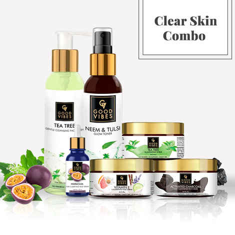 Buy Good Vibes Clear Skin Combo with Tea Tree, Neem, Tulsi, Vitamin E, Activated Charcoal and Maracuja - Face Wash, Scrub, Toner, Mask, Serum, Cream - Purplle