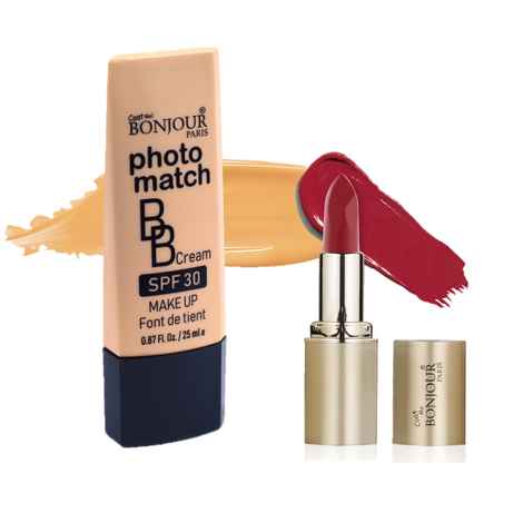 Buy Bonjour Paris Photo Match BB Cream (Beige) + Creme Lipstick (Intense Red) - Combo Offer _ BCB01-04-LSB02-25 - Purplle