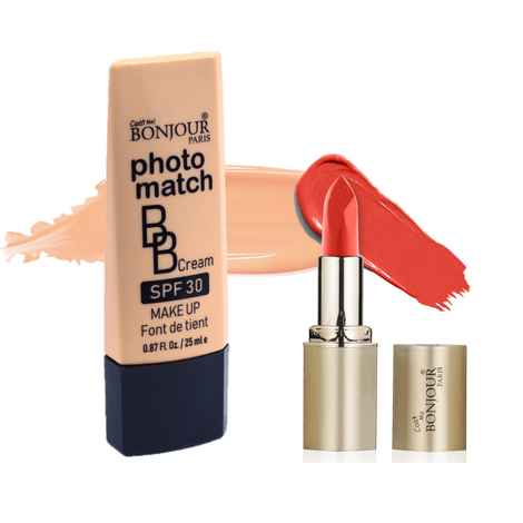 Buy Bonjour Paris Photo Match BB Cream (Rose Ivory) + Creme Lipstick (Coral Red) - Combo Offer _ BCB01-02-LSB02-61 - Purplle