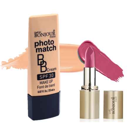Buy Bonjour Paris Photo Match BB Cream (Rose Ivory) + Creme Lipstick (Mauve) - Combo Offer _ BCB01-02-LSB02-68 - Purplle