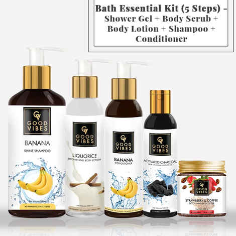 Buy Good Vibes Bath Essential Kit (5 Steps) - Shower Gel + Body Scrub + Body Lotion + Shampoo + Conditioner - Purplle