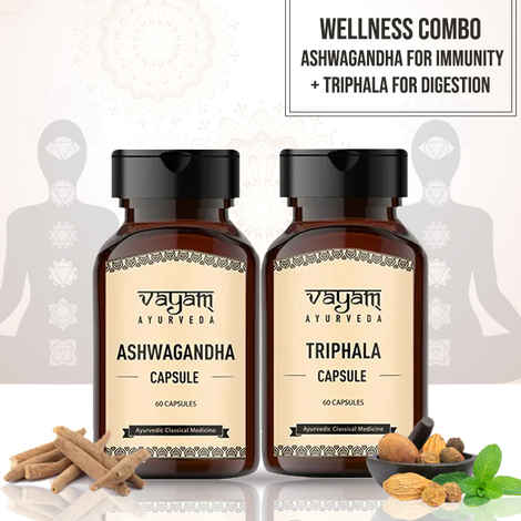 Buy Vayam Ayurveda Wellness Combo - Ashwagandha for immunity + Triphala for digestion | Ayurvedic | Natural | Herbal | Pure | Sulphate free | Paraben Free | alcohol free | 100% vegetarian - Purplle