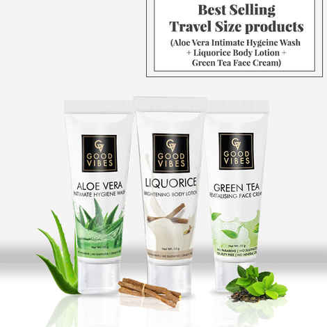Buy Best Selling Travel Size products (Aloe Vera Intimate Hygeine Wash + Liquorice Body Lotion + Green Tea Face Cream) - Purplle