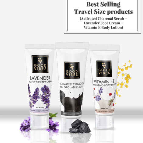 Buy Best Selling Travel Size products (Activated Charcoal Scrub + Lavender Foot Cream + Vitamin E Body Lotion) - Purplle