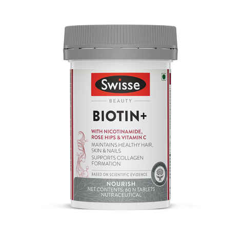 Buy Swisse Beauty Biotin+ With Nicotinamide, Rose Hips & Vitamin C For Healthy Hair, Nourishes Skin & Nails, Supports Collagen Formation –60 Tablets for Both Men & Women. 100% Vegetarian Product - Purplle