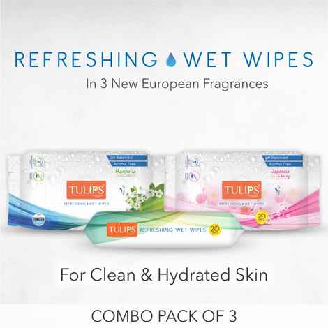 Buy Tulip Refreshing Wet Wipes with 3 Different Fragrances Japanese Cherry, Magnolia & Summer Fresh (Pack of 3 x 20 Wipes) - Purplle