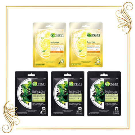 Buy Garnier Skin Naturals Face Serum Sheet Mask Pack of 5 (3 Charcoal + 2 Light Complete) - Purplle