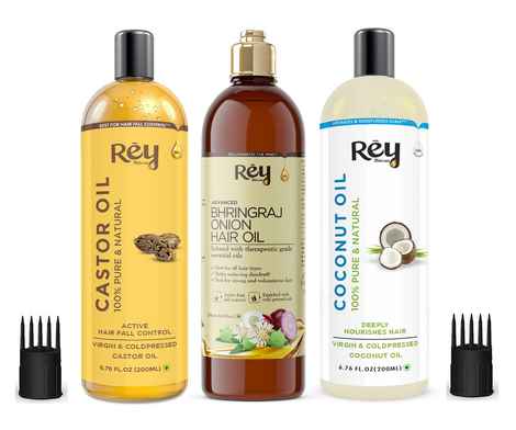 Buy Rey Naturals® Hair Oils Combo (Castor Oil + Coconut Oil + Bhringraj Oil) Controls Hairfall - For Healthy Hair - No Mineral Oil, Silicones & Synthetic Fragrance - Purplle