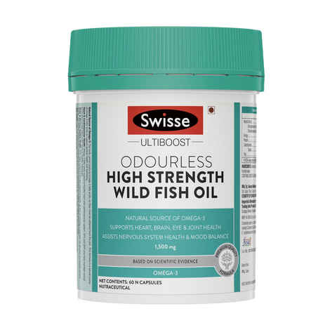 Buy Swisse Ultiboost Odourless High Strength Wild Fish Oil with (1500 mg) Omega 3 for Heart, Brain, Joints and Eyes – 60 Tablets - Purplle