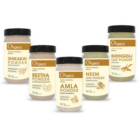 Buy Origenz Premium Amla Reetha Shikakai Bhringraj Neem Powder Combo Pack for Healthy Hair (Pack of 5 X 100gm) - Purplle