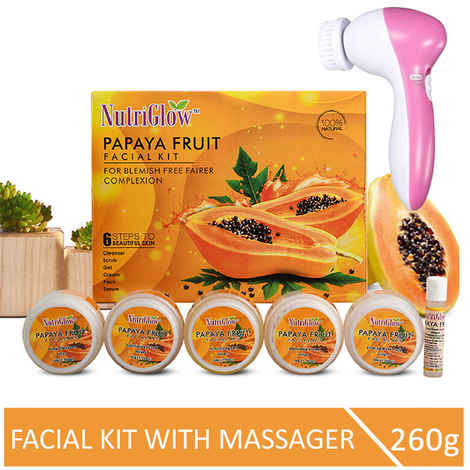Buy NutriGlow Papaya Fruit Facial Kit For Blemish Free Fairer Complexion (260 gm) With 5-in-1 Face Massager - Purplle