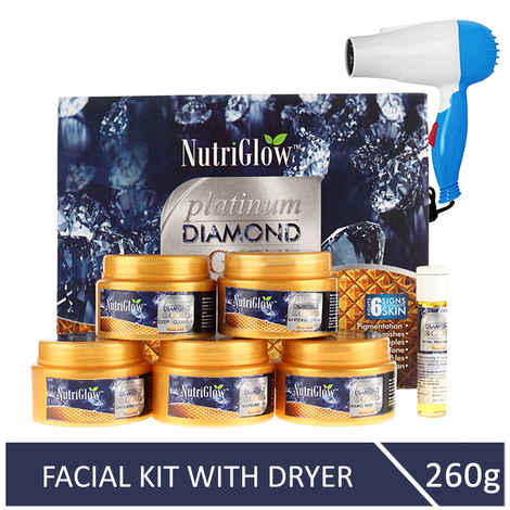 Buy NutriGlow Platinum, Diamond & Gold Facial Kit For Brightening Skin (260 gm) With Blue Hair Dryer - Purplle