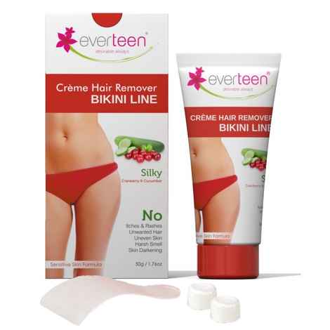 everteen SILKY Hair Removal Cream with Cranberry and Cucumber for Bikini Line & Underarms in Women and Girls | No Harsh Smell, Skin Darkening or Rashes | 1 Pack 50 gm with Spatula and Coin Tissues