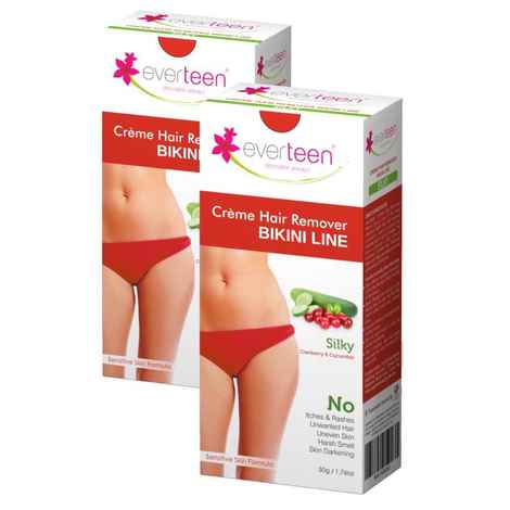 everteen SILKY Hair Removal Cream with Cranberry and Cucumber for Bikini Line & Underarms in Women and Girls | No Harsh Smell, Skin Darkening or Rashes | 2 Pack 50 gm Each with Spatula and Coin Tissues