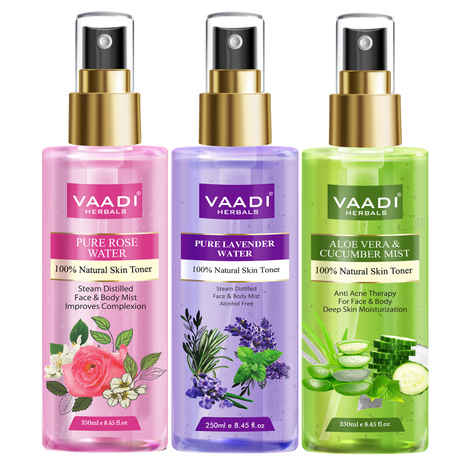Vaadi Herbals Pack of 3 Skin Toners - Rose Water, Lavender Water and Aloe Vera & Cucumber Mist - 100% Natural & Pure (250 ml x 3)