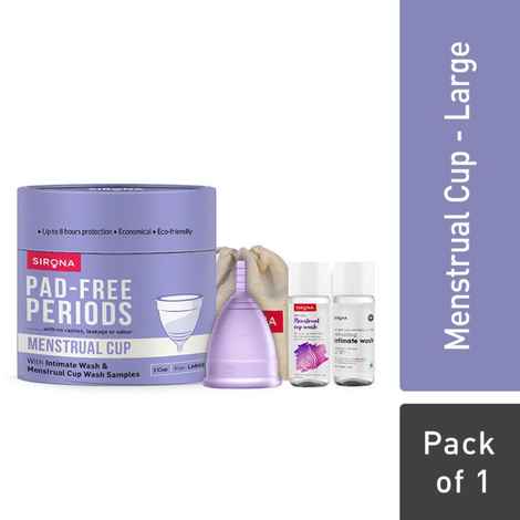 Buy Sirona Reusable Menstrual Cup - Large Size With Pouch, 15ml Mini Intimate Wash & Cup Wash, Ultra Soft, Odour & Rash Free, No Leakage, Protection For Upto 8 Hours, FDA Approved - Purplle