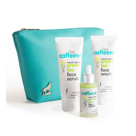 mCaffeine Green Tea Face Purifying Kit with Free Teal Pouch | Gentle Face Wash, Exfoliating Face Scrub and Hydrating Face Serum Combo | Pack of 3 240 gm