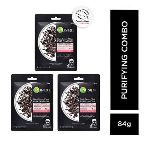 Buy Garnier Black Rice Pure Charcoal Black Serum Mask, Face Serum Sheet Mask for Women, 28g - Pack of 3 - Purplle