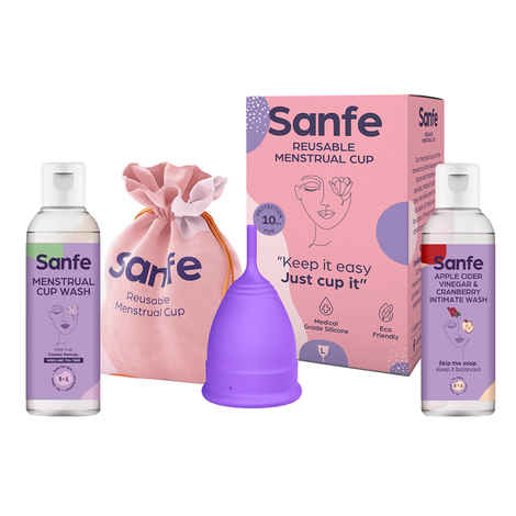 Buy Sanfe FDA Approved Silicone Reusable Menstrual Cup - Large Size with Pouch, Mini Apple Cider Vinegar & Cranberry Intimate Wash & Cup Wash | Ultra Soft Period Cup Made with Liquid Medical Grade Silicone Protection (Multicolor) Combo of 3 - Purplle