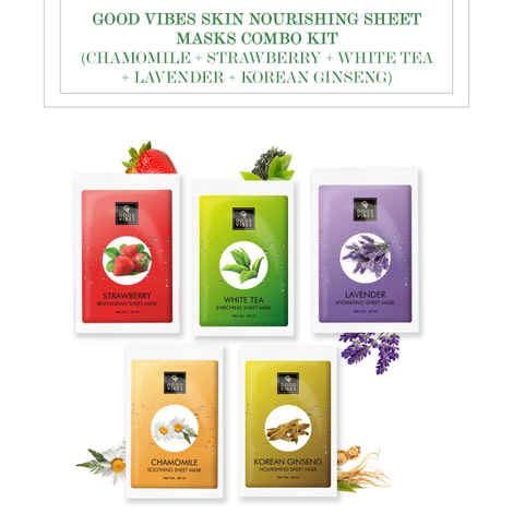 Buy Good Vibes Skin Nourishing Sheet Masks Combo Kit (Chamomile + Strawberry + White Tea + Lavender + Korean Ginseng) - Purplle