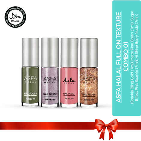 Buy Asfa Halal Full On Texture Combo 01 (Sparkle Bling Gold (7 ml), Matte Pine Green (7 ml), Sugar Effect Pink Sparkle (7 ml), Hi Shine Berry Nude (7 ml)) - Purplle