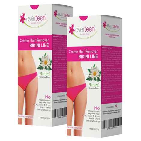 everteen NATURAL Hair Removal Cream with Chamomile for Bikini Line & Underarms in Women and Girls | No Harsh Smell, No Skin Darkening, No Rashes | 2 Pack 200g with Spatula and Coin Tissues - Pack of 2