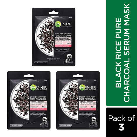 Buy Garnier Black Rice Pure Charcoal Black Serum Mask, Face Serum Sheet Mask for Women, 28g - Pack of 3 - Purplle