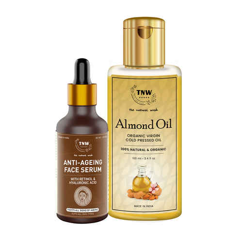 Buy TNW-The Natural Wash Combo of Anti Ageing Serum & Pure Almond Oil | Retinol Serum With Hyaluronic Acid For Spotless Glowing Skin 30 ml | Oil Rich In Vitamin E For Face ,Skin And Hairs 100 ml - Purplle