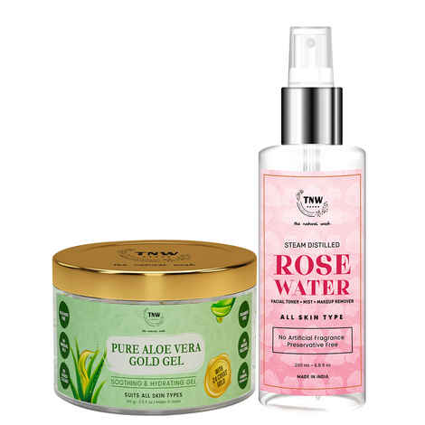 Buy TNW-The Natural Wash Combo of Pure Aloe Vera Gold Gel & Rose Water Toner |Gel For Acne ,Scars,Sunburn Treatment Prevents Dark Spots, 100 ml | Toner For Face - Makeup Remover -For All Skin Types 200 ml - Purplle