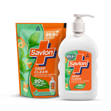 Buy Savlon Deep Clean Germ Protection Liquid Handwash 200ml pump + 175ml refill pouch combo - Purplle