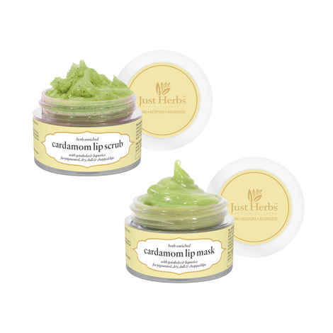Buy Just Herbs Ayurvedic & Vegan Cardamom Lip Scrub & Lip Mask duo pack for Chapped, Pigmented & Dark lips (30 gm) - Purplle
