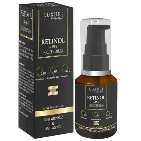 LUXURI Retinol 4-In-1 Face Serum, Serum for Anti Aging, Night Face Serum with Retinol & Glutathione, Hyaluronic, Vitamin C - 30 ml, Small