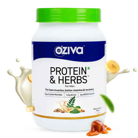 Buy OZiva Protein & Herbs, Men (23 gm Whey Protein, 5.5g BCAA & Ayurvedic herbs like Ashwagandha, Chlorella & Musli) for Better Stamina & Lean Muscles,Banana Caramel - Purplle