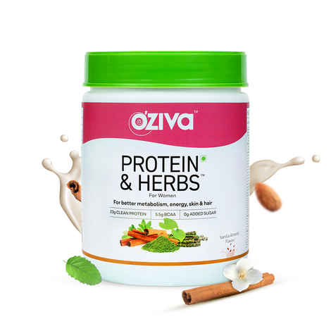 Buy OZiva Protein & Herbs, Women, (Natural Protein Powder with Ayurvedic Herbs like Shatavari, Curcumin & Multivitamins) for Better Metabolism, Skin & Hair, Vanilla Almond, 500g - Purplle