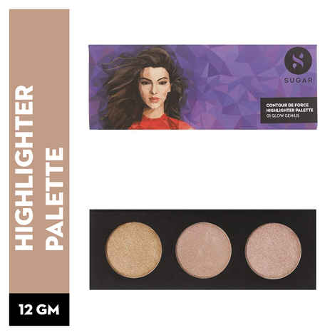 SUGAR Cosmetics - Contour De Force - Highlighter Palette Set- 01 Glow Genius (Soft Gold, Champagne Gold and Rosey Taupe Highlighter)- Lightweight Highlighter, Longlasting Formula - 12 gm