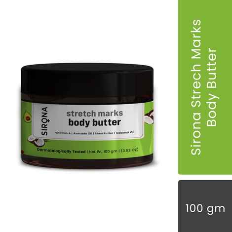 Sirona stretch marks Body Butter for Reduces Stretch Marks, Smoothes itchiness & prevents moisture loss with Vitamin A, Avocado Oil, Shea Butter & Coconut Oil - 100 gm